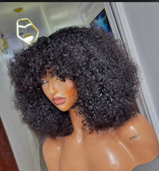 Bouncy Curl Wig with Fringe – 280% Density, Natural Color